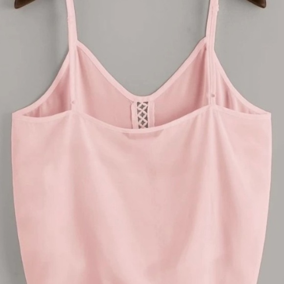 Pink Silky Eyelet Cross Pattern Down The Front W/Tied Front Lace Cami Top - Picture 7 of 7